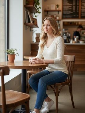 Women's Cream V-Neck Cable Knit Long Sleeve Top